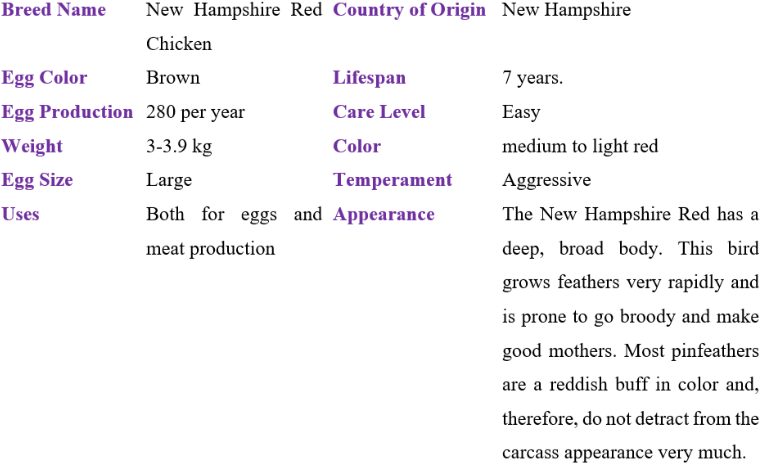 new hampshire red chicken table