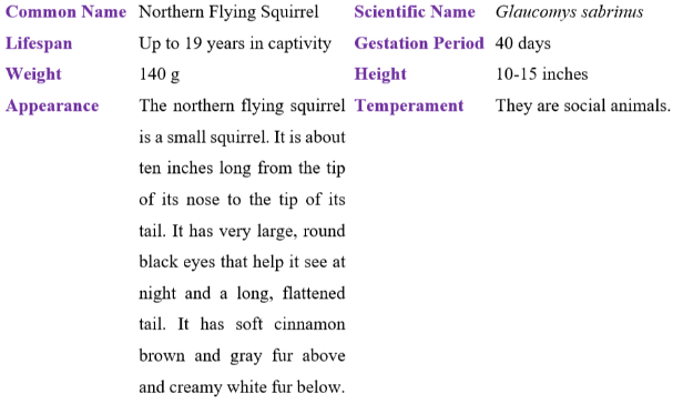 Northern flying squirrel table