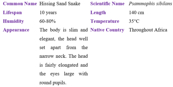 hissing sand snake table